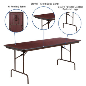 English Elm Floyd 6-Foot Mahogany Folding Banquet Table - Durable, Commercial-Grade, Space-Saving Design for Events YT-3072-HIGH-WAL-GG