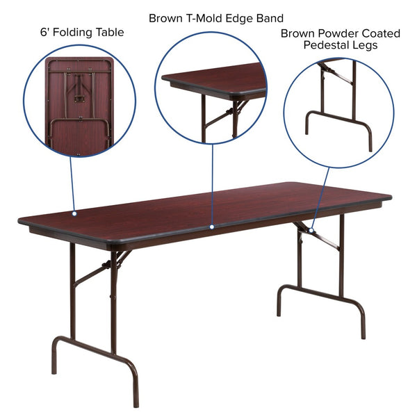 English Elm Floyd 6-Foot Mahogany Folding Banquet Table - Durable, Commercial-Grade, Space-Saving Design for Events YT-3072-HIGH-WAL-GG