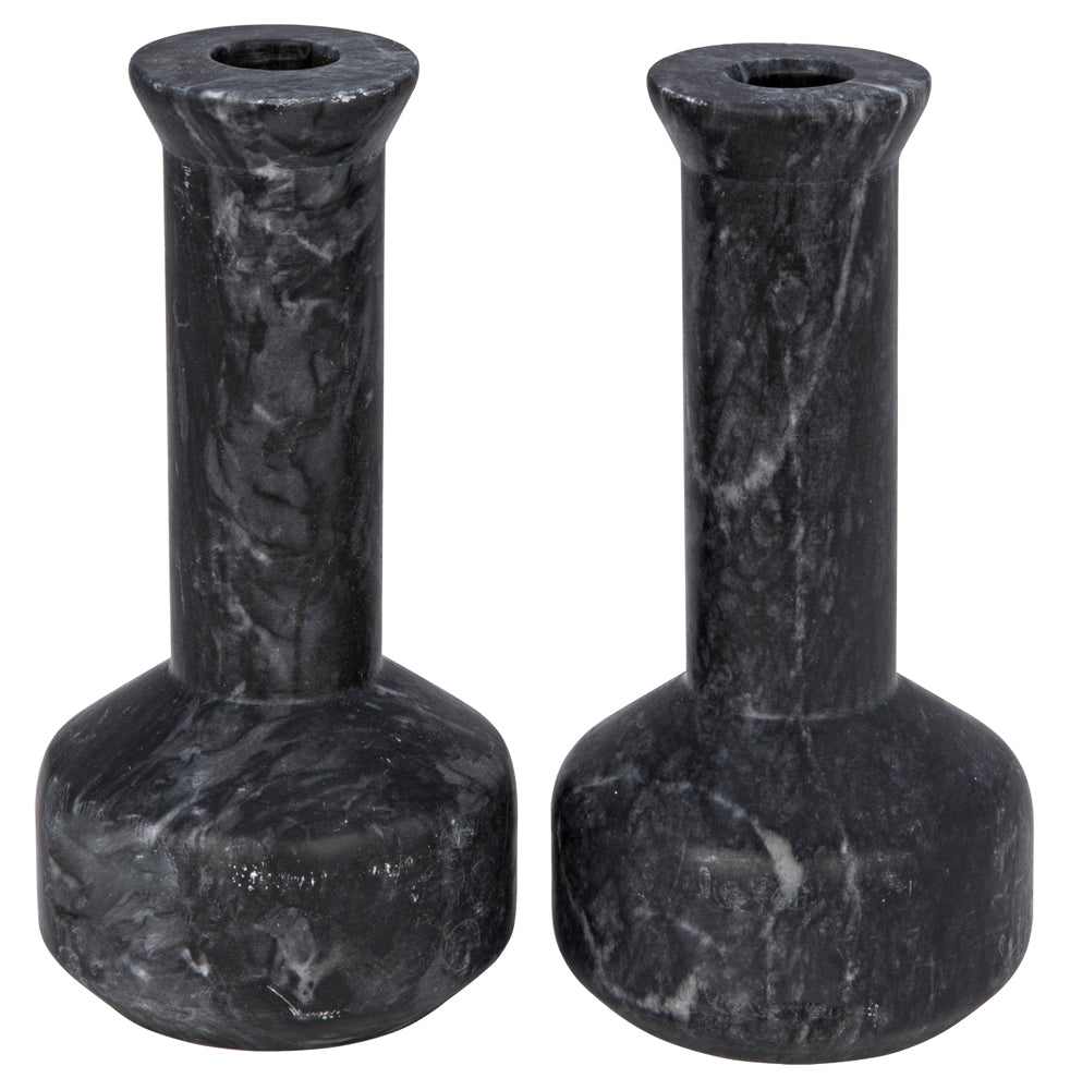 Noir Milos Hand-carved Black Marble Taper Candle Holders Artisan Stone Mantel Set YT0717-14BL