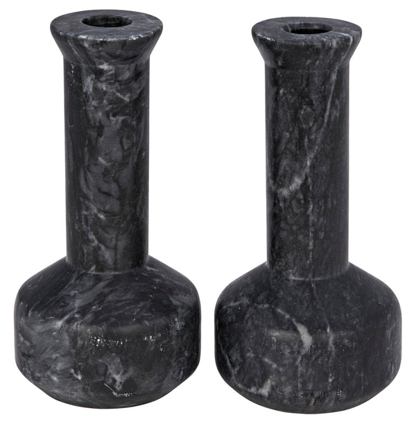 Noir Milos Hand-carved Black Marble Taper Candle Holders Artisan Stone Mantel Set YT0717-14BL