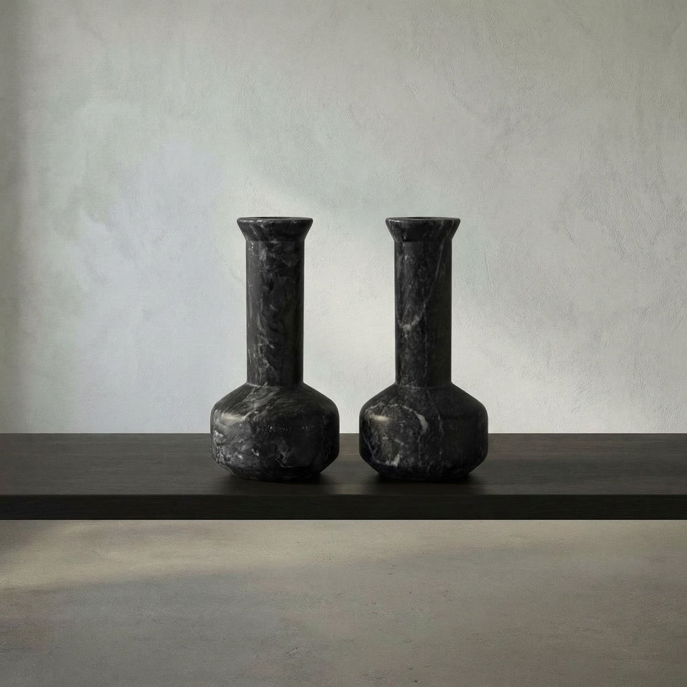 Noir Milos Hand-carved Black Marble Taper Candle Holders Artisan Stone Mantel Set YT0717-14BL