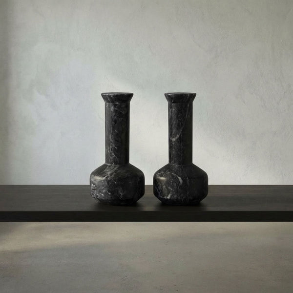 Milos Hand-carved Black Marble Taper Candle Holders Artisan Stone Mantel Set