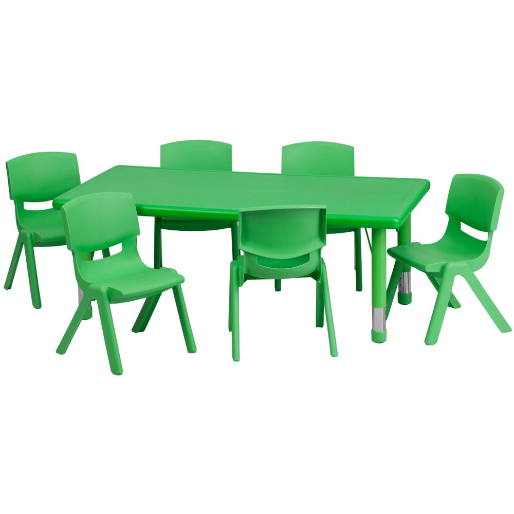 English Elm Emmy Height Adjustable Activity Table Set with 6 Chairs - Perfect for Kids' Learning & Creativity Green 24"W x 48"L YU-YCX-0013-2-RECT-TBL-GREEN-E-GG