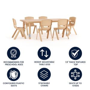 English Elm Emmy Height Adjustable Activity Table Set with 6 Chairs - Perfect for Kids' Learning & Creativity Natural 24"W x 48"L YU-YCX-0013-2-RECT-TBL-NAT-E-GG