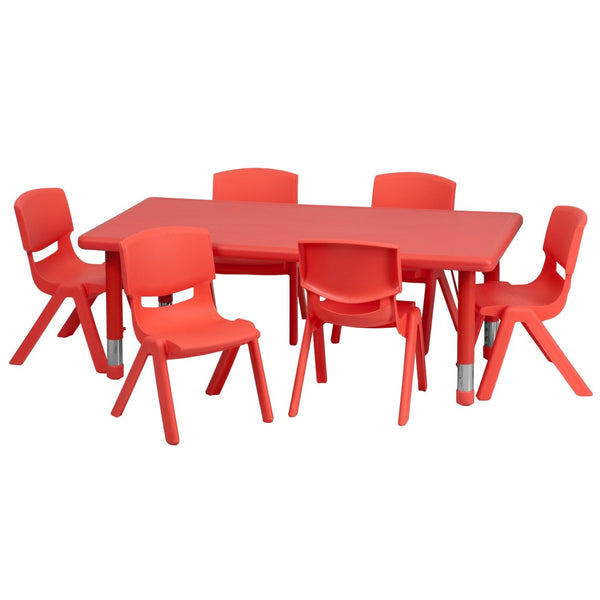 English Elm Emmy Height Adjustable Activity Table Set with 6 Chairs - Perfect for Kids' Learning & Creativity Red 24"W x 48"L YU-YCX-0013-2-RECT-TBL-RED-E-GG