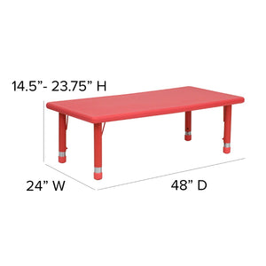English Elm Emmy Height Adjustable Activity Table Set with 4 Stackable Chairs for Creative Learning & Play Red 24"W x 48"L YU-YCX-0013-2-RECT-TBL-RED-R-GG