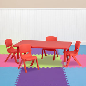 English Elm Emmy Height Adjustable Activity Table Set with 4 Stackable Chairs for Creative Learning & Play Red 24"W x 48"L YU-YCX-0013-2-RECT-TBL-RED-R-GG