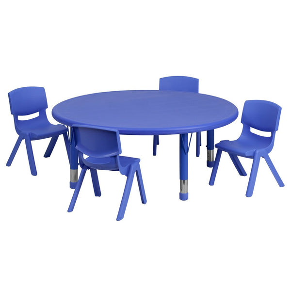 English Elm Emmy Height Adjustable Activity Table Set for Kids with 4 Durable, Safe Chairs for Play and Learning Blue 45" Round YU-YCX-0053-2-ROUND-TBL-BLUE-E-GG