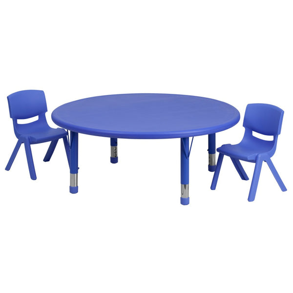 English Elm Emmy Height Adjustable Activity Table Set with 2 Child-Safe Stackable Chairs for Versatile Use Blue 45" Round YU-YCX-0053-2-ROUND-TBL-BLUE-R-GG