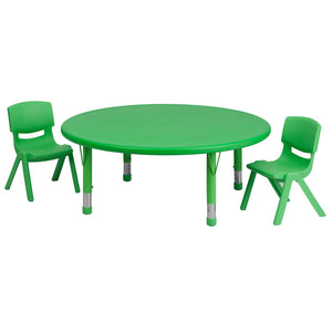 English Elm Emmy Height Adjustable Activity Table Set with 2 Child-Safe Stackable Chairs for Versatile Use Green 45" Round YU-YCX-0053-2-ROUND-TBL-GREEN-R-GG