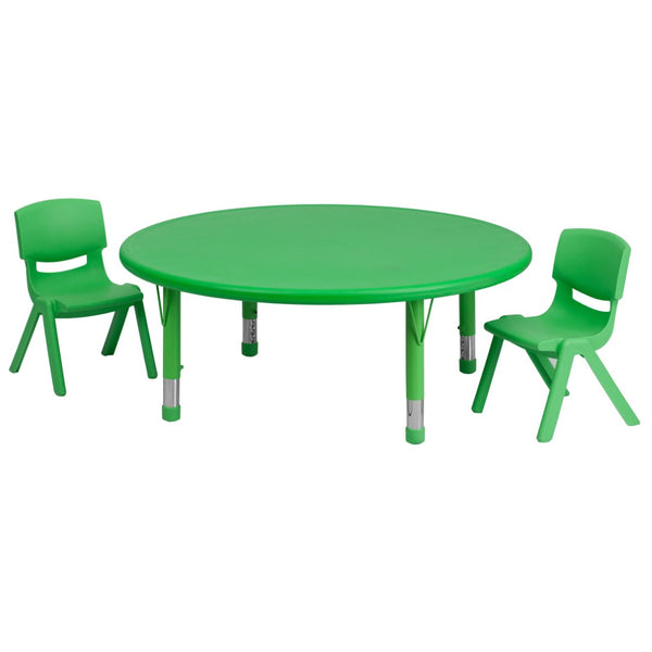 English Elm Emmy Height Adjustable Activity Table Set with 2 Child-Safe Stackable Chairs for Versatile Use Green 45" Round YU-YCX-0053-2-ROUND-TBL-GREEN-R-GG
