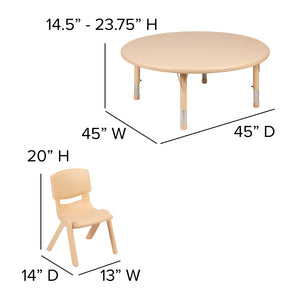 English Elm Emmy Height Adjustable Activity Table Set with 2 Child-Safe Stackable Chairs for Versatile Use Natural 45" Round YU-YCX-0053-2-ROUND-TBL-NAT-R-GG