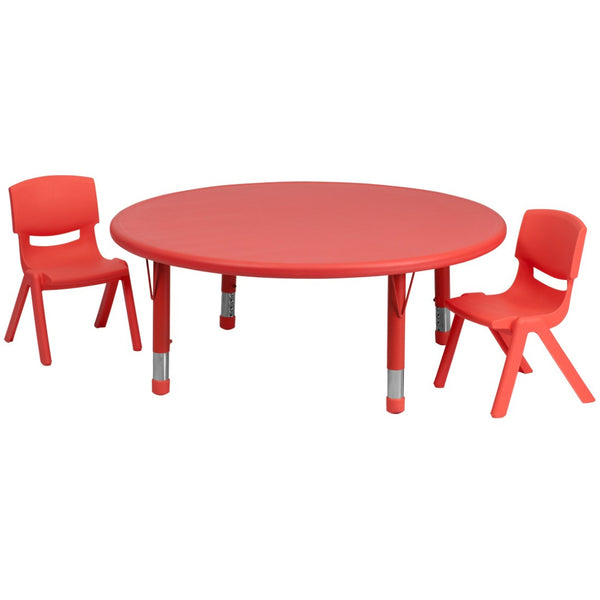 English Elm Emmy Height Adjustable Activity Table Set with 2 Child-Safe Stackable Chairs for Versatile Use Red 45" Round YU-YCX-0053-2-ROUND-TBL-RED-R-GG