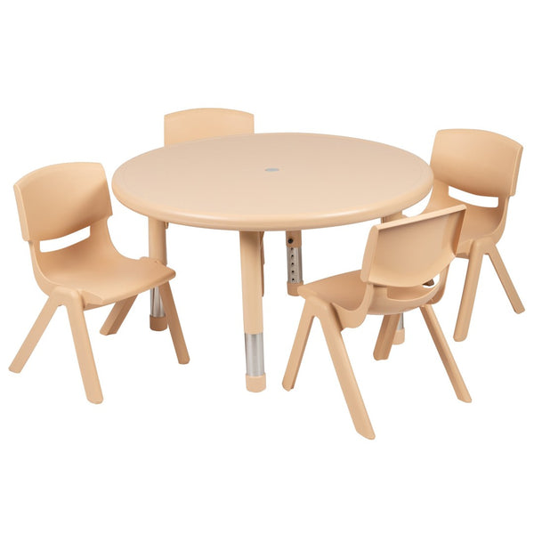 English Elm Emmy Height Adjustable Activity Table Set with 4 Safe, Ergonomic Chairs for Kids' Play & Learning Natural 33" Round YU-YCX-0073-2-ROUND-TBL-NAT-E-GG