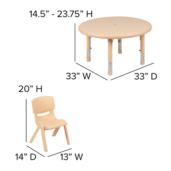 English Elm Emmy Height Adjustable Activity Table Set with 4 Safe, Ergonomic Chairs for Kids' Play & Learning Natural 33" Round YU-YCX-0073-2-ROUND-TBL-NAT-E-GG