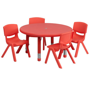 English Elm Emmy Height Adjustable Activity Table Set with 4 Safe, Ergonomic Chairs for Kids' Play & Learning Red 33" Round YU-YCX-0073-2-ROUND-TBL-RED-E-GG