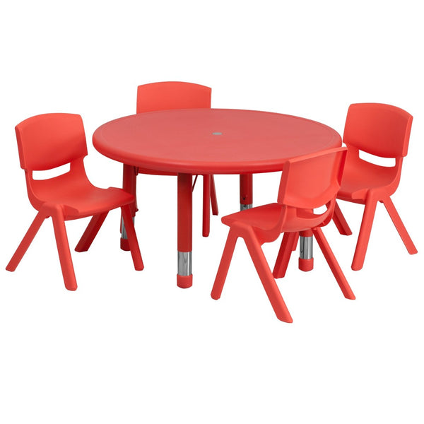 English Elm Emmy Height Adjustable Activity Table Set with 4 Safe, Ergonomic Chairs for Kids' Play & Learning Red 33" Round YU-YCX-0073-2-ROUND-TBL-RED-E-GG