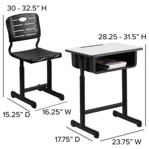 English Elm Nila Adjustable Height Student Desk and Chair Set with Durable Black Frame for Classroom Use YU-YCX-046-09010-GG