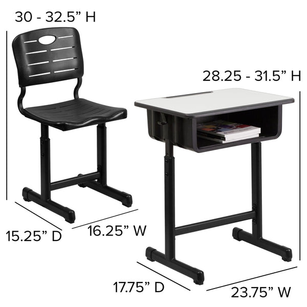 English Elm Nila Adjustable Height Student Desk and Chair Set with Durable Black Frame for Classroom Use YU-YCX-046-09010-GG