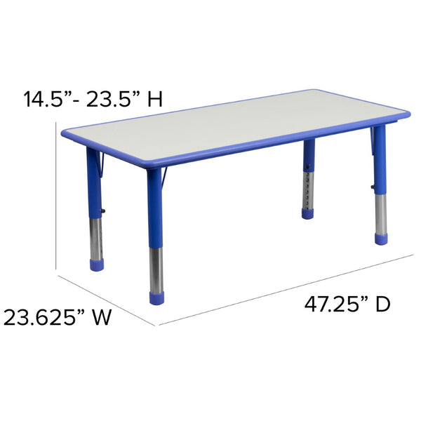 English Elm Emmy Adjustable Kids Activity Table Set – Versatile 5-Piece Workspace for Classrooms & Daycares Blue 23.625"W x 47.25"L YU-YCY-060-0034-RECT-TBL-BLUE-GG