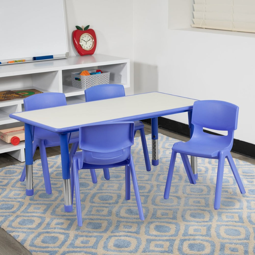 English Elm Emmy Adjustable Kids Activity Table Set – Versatile 5-Piece Workspace for Classrooms & Daycares Blue 23.625"W x 47.25"L YU-YCY-060-0034-RECT-TBL-BLUE-GG