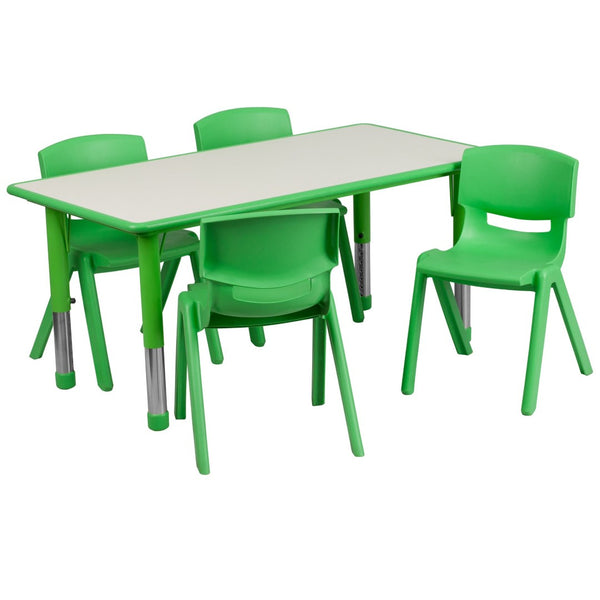 English Elm Emmy Adjustable Kids Activity Table Set – Versatile 5-Piece Workspace for Classrooms & Daycares Green 23.625"W x 47.25"L YU-YCY-060-0034-RECT-TBL-GREEN-GG