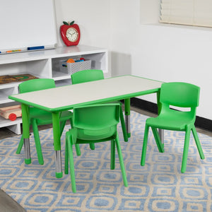 English Elm Emmy Adjustable Kids Activity Table Set – Versatile 5-Piece Workspace for Classrooms & Daycares Green 23.625"W x 47.25"L YU-YCY-060-0034-RECT-TBL-GREEN-GG