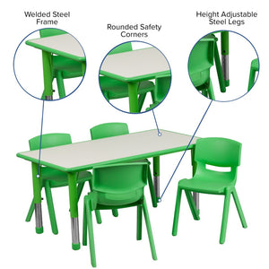 English Elm Emmy Adjustable Kids Activity Table Set – Versatile 5-Piece Workspace for Classrooms & Daycares Green 23.625"W x 47.25"L YU-YCY-060-0034-RECT-TBL-GREEN-GG