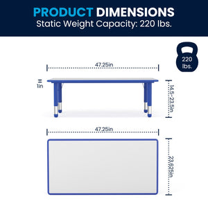 English Elm Emmy Adjustable Kids Activity Table Set for Classrooms – Perfect for Learning, Crafts, and Play! Blue 23.625"W x 47.25"L YU-YCY-060-0036-RECT-TBL-BLUE-GG