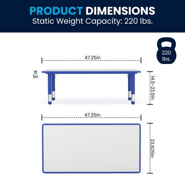 English Elm Emmy Adjustable Kids Activity Table Set for Classrooms – Perfect for Learning, Crafts, and Play! Blue 23.625"W x 47.25"L YU-YCY-060-0036-RECT-TBL-BLUE-GG