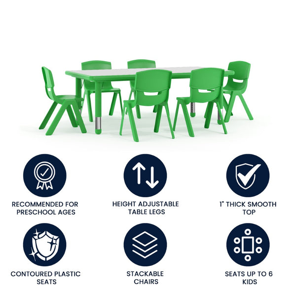 English Elm Emmy Adjustable Kids Activity Table Set for Classrooms – Perfect for Learning, Crafts, and Play! Green 23.625"W x 47.25"L YU-YCY-060-0036-RECT-TBL-GREEN-GG