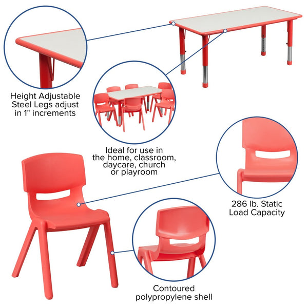English Elm Emmy Adjustable Kids Activity Table Set for Classrooms – Perfect for Learning, Crafts, and Play! Red 23.625"W x 47.25"L YU-YCY-060-0036-RECT-TBL-RED-GG