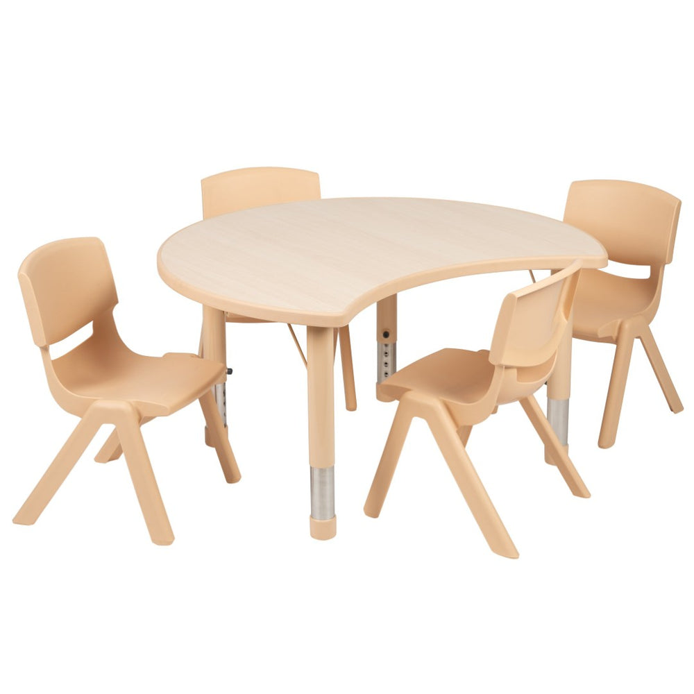 English Elm Emmy Crescent Activity Table Set with 4 Chairs – Height Adjustable & Safe for Preschool Fun! YU-YCY-093-0034-CIR-TBL-NAT-GG