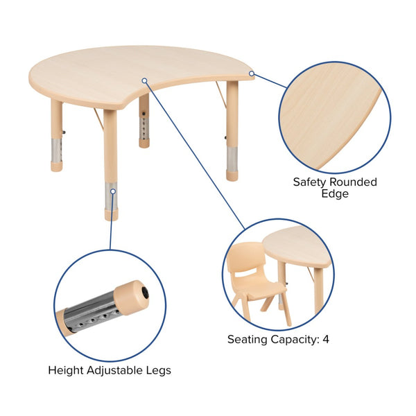 English Elm Wren Crescent Activity Table - Height Adjustable, Durable Plastic, Ideal for Classrooms & Playrooms YU-YCY-093-CIR-TBL-NAT-GG