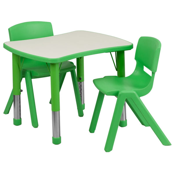 English Elm Emmy Rectangular Height Adjustable Activity Table Set with 2 Durable Chairs for Early Learners Green 21.875"W x 26.625"L YU-YCY-098-0032-RECT-TBL-GREEN-GG