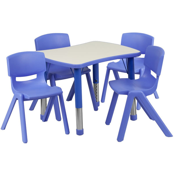 English Elm Emmy Rectangular Activity Table Set with 4 Stackable Chairs - Adjustable, Safe, and Durable Design Blue 21.875"W x 26.625"L YU-YCY-098-0034-RECT-TBL-BLUE-GG