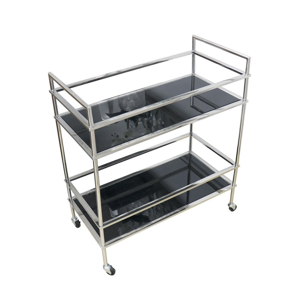 Pasargad Luxe Glass & Steel Serving Table - Elegant Black Mirrored Bar Cart With Rolling Casters Black Glass & Steel Jj-1072