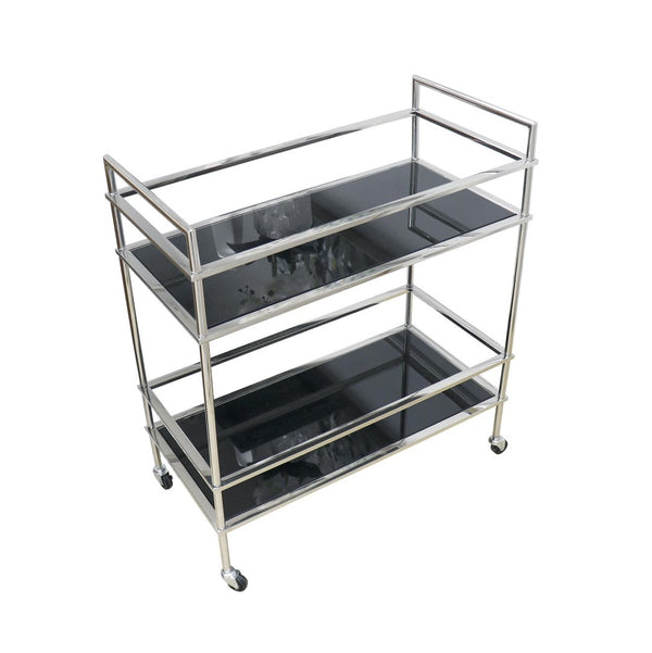 Pasargad Luxe Glass & Steel Serving Table - Elegant Black Mirrored Bar Cart With Rolling Casters Black Glass & Steel Jj-1072