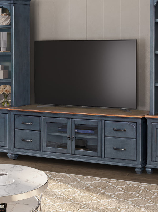 Legends Furniture Bridgevine Home Americana 84 In Tv Stand For Tvs Up To 90 Inches, No Assembly Required, Corduroy Blue Finish Blue Solids And Veneers Zamr-1784