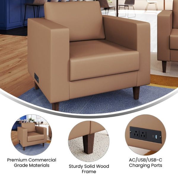 English Elm HERCULES Artemis LeatherSoft Reception Chair with Integrated Charging Station & Solid Wood Legs Cognac ZB-8921-1S-COGNAC-GG