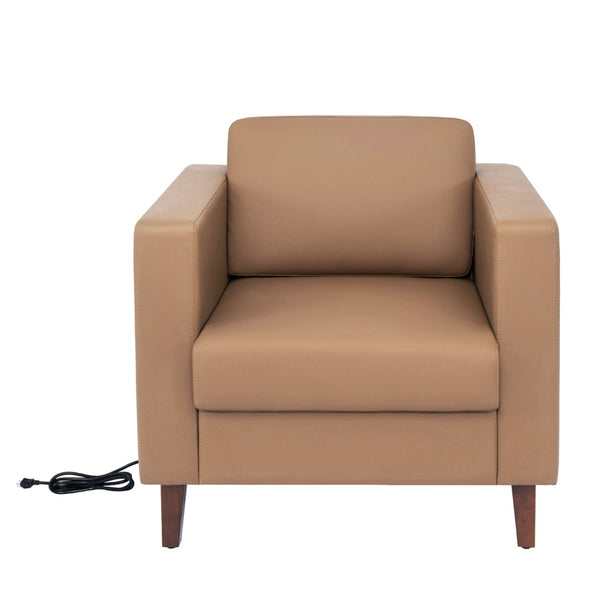English Elm HERCULES Artemis LeatherSoft Reception Chair with Integrated Charging Station & Solid Wood Legs Cognac ZB-8921-1S-COGNAC-GG