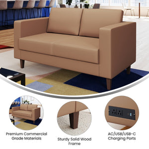 English Elm HERCULES Artemis LeatherSoft Reception Loveseat with Charging Ports and Solid Wood Legs for Comfort Cognac ZB-8921-2S-COGNAC-GG