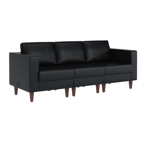 English Elm HERCULES Artemis LeatherSoft Reception Sofa with Integrated Charging Ports and Solid Walnut Legs Black ZB-8921-3S-BLK-GG
