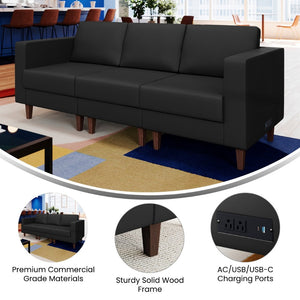 English Elm HERCULES Artemis LeatherSoft Reception Sofa with Integrated Charging Ports and Solid Walnut Legs Black ZB-8921-3S-BLK-GG