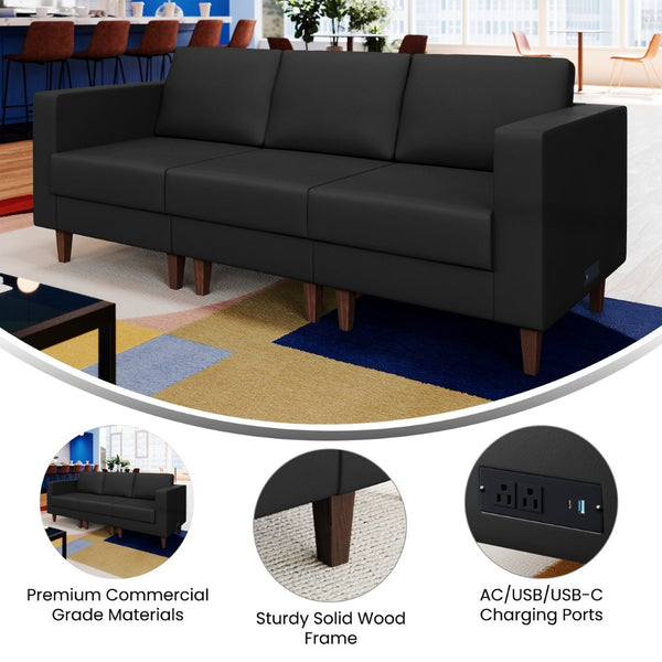 English Elm HERCULES Artemis LeatherSoft Reception Sofa with Integrated Charging Ports and Solid Walnut Legs Black ZB-8921-3S-BLK-GG