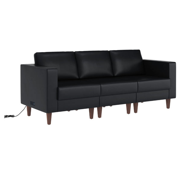 English Elm HERCULES Artemis LeatherSoft Reception Sofa with Integrated Charging Ports and Solid Walnut Legs Black ZB-8921-3S-BLK-GG