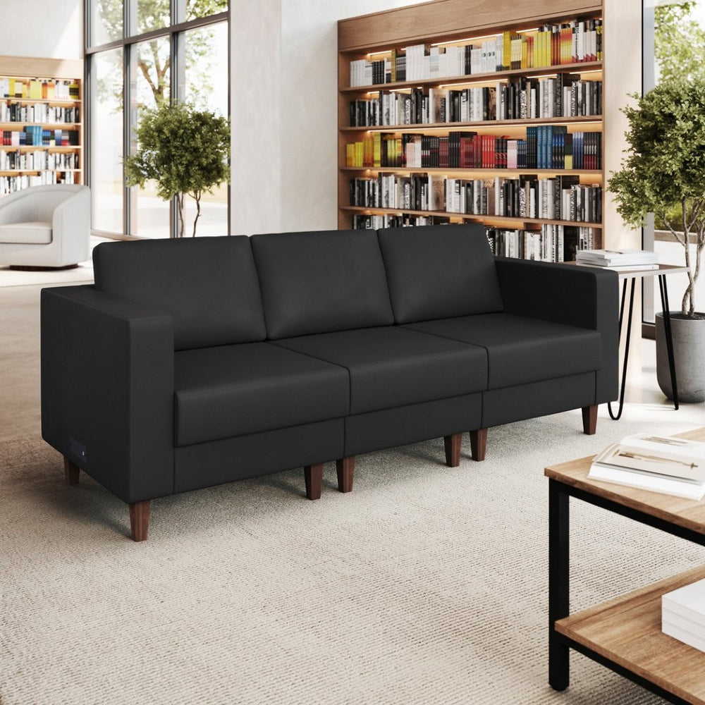 English Elm HERCULES Artemis LeatherSoft Reception Sofa with Integrated Charging Ports and Solid Walnut Legs Black ZB-8921-3S-BLK-GG