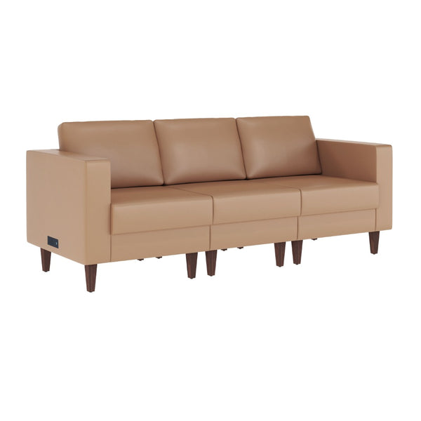 English Elm HERCULES Artemis LeatherSoft Reception Sofa with Integrated Charging Ports and Solid Walnut Legs Cognac ZB-8921-3S-COGNAC-GG