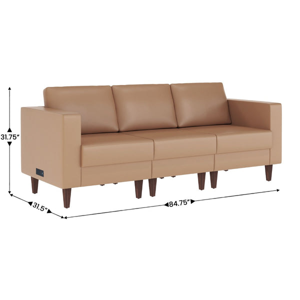 English Elm HERCULES Artemis LeatherSoft Reception Sofa with Integrated Charging Ports and Solid Walnut Legs Cognac ZB-8921-3S-COGNAC-GG