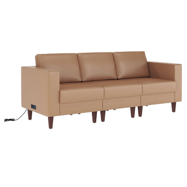 English Elm HERCULES Artemis LeatherSoft Reception Sofa with Integrated Charging Ports and Solid Walnut Legs Cognac ZB-8921-3S-COGNAC-GG